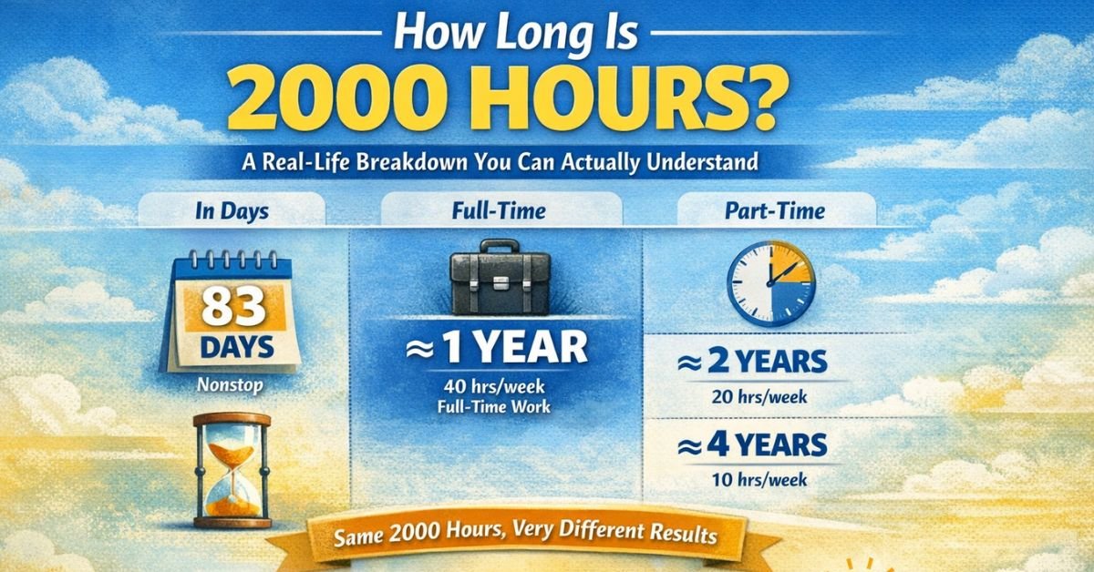 Infographic showing how long 2000 hours is in real life, broken down into days, full-time work, part-time schedules, and one hour per day timelines.