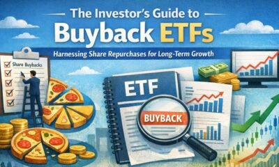 Buyback ETF illustration showing companies repurchasing shares, rising earnings per share, and long-term investment growth strategy