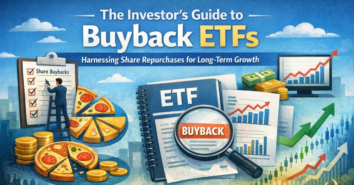Buyback ETF illustration showing companies repurchasing shares, rising earnings per share, and long-term investment growth strategy