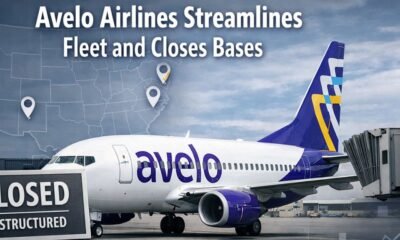 Featured news image showing an Avelo Airlines Boeing 737-700 parked at an airport gate with “Closed / Restructured” signage, U.S. base location map pins, and a subtle financial graph illustrating Avelo’s 2026 fleet and network restructuring.