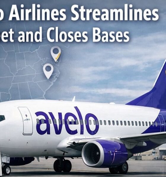 Featured news image showing an Avelo Airlines Boeing 737-700 parked at an airport gate with “Closed / Restructured” signage, U.S. base location map pins, and a subtle financial graph illustrating Avelo’s 2026 fleet and network restructuring.