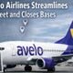 Featured news image showing an Avelo Airlines Boeing 737-700 parked at an airport gate with “Closed / Restructured” signage, U.S. base location map pins, and a subtle financial graph illustrating Avelo’s 2026 fleet and network restructuring.