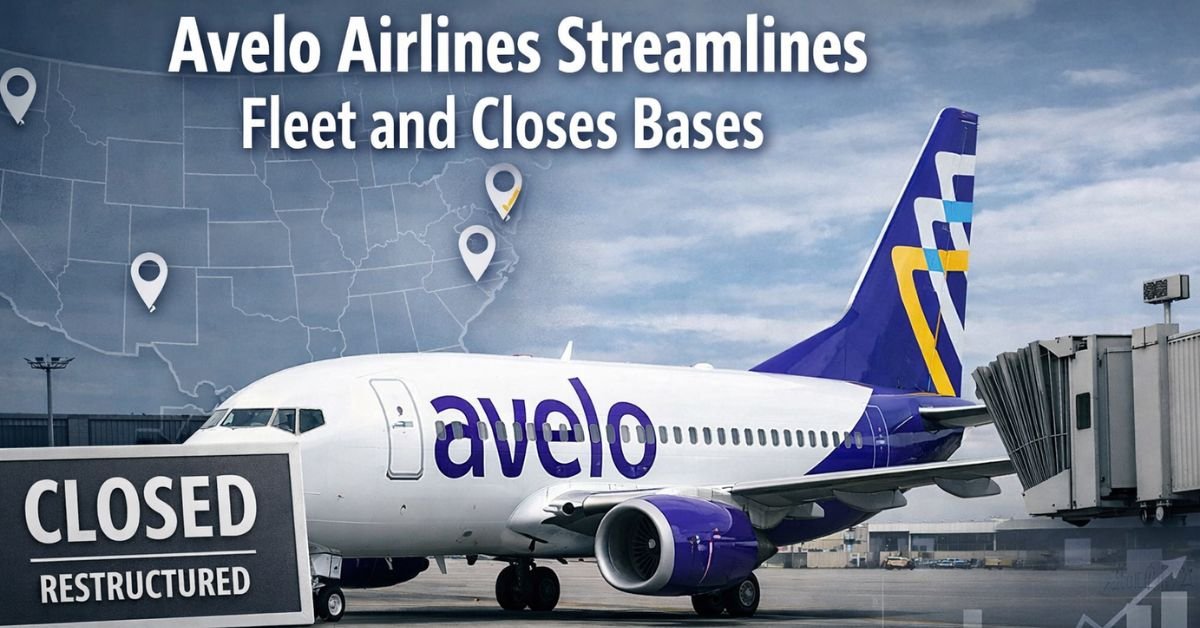 Featured news image showing an Avelo Airlines Boeing 737-700 parked at an airport gate with “Closed / Restructured” signage, U.S. base location map pins, and a subtle financial graph illustrating Avelo’s 2026 fleet and network restructuring.