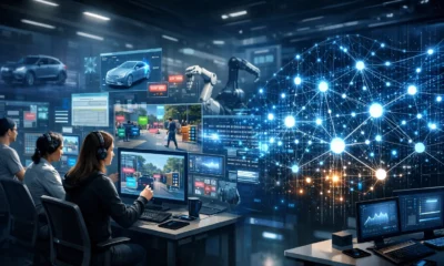 Human experts labeling autonomous vehicle data alongside a glowing neural network, representing Scale AI’s human-in-the-loop data infrastructure.