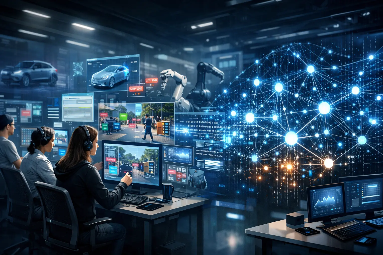 Human experts labeling autonomous vehicle data alongside a glowing neural network, representing Scale AI’s human-in-the-loop data infrastructure.