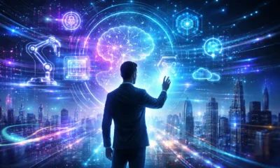 Futuristic illustration of newest technology showing AI, robotics, and holographic digital interfaces over a smart city.