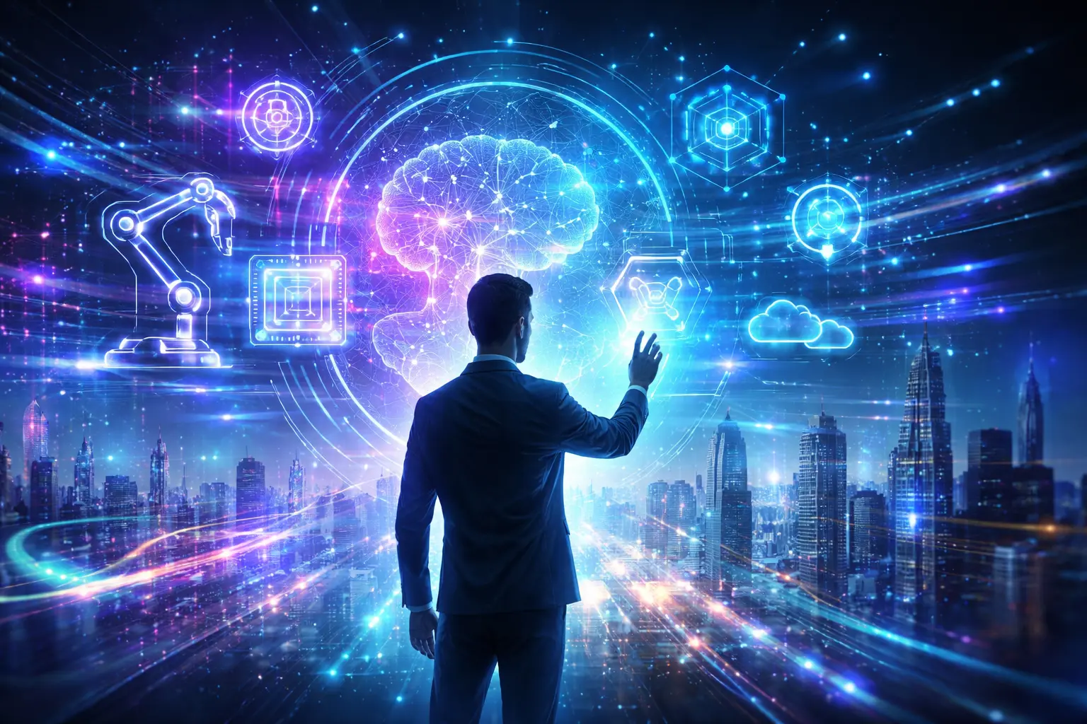 Futuristic illustration of newest technology showing AI, robotics, and holographic digital interfaces over a smart city.