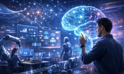 Intelligent automation and artificial intelligence working together in a futuristic digital workspace, showing IA AI systems analyzing data and automating decisions.