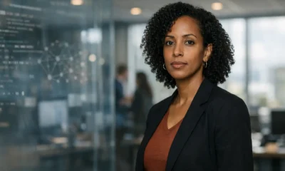 Timnit Gebru Google AI ethics representation showing a confident AI researcher standing in a modern tech office with data visuals in the background.