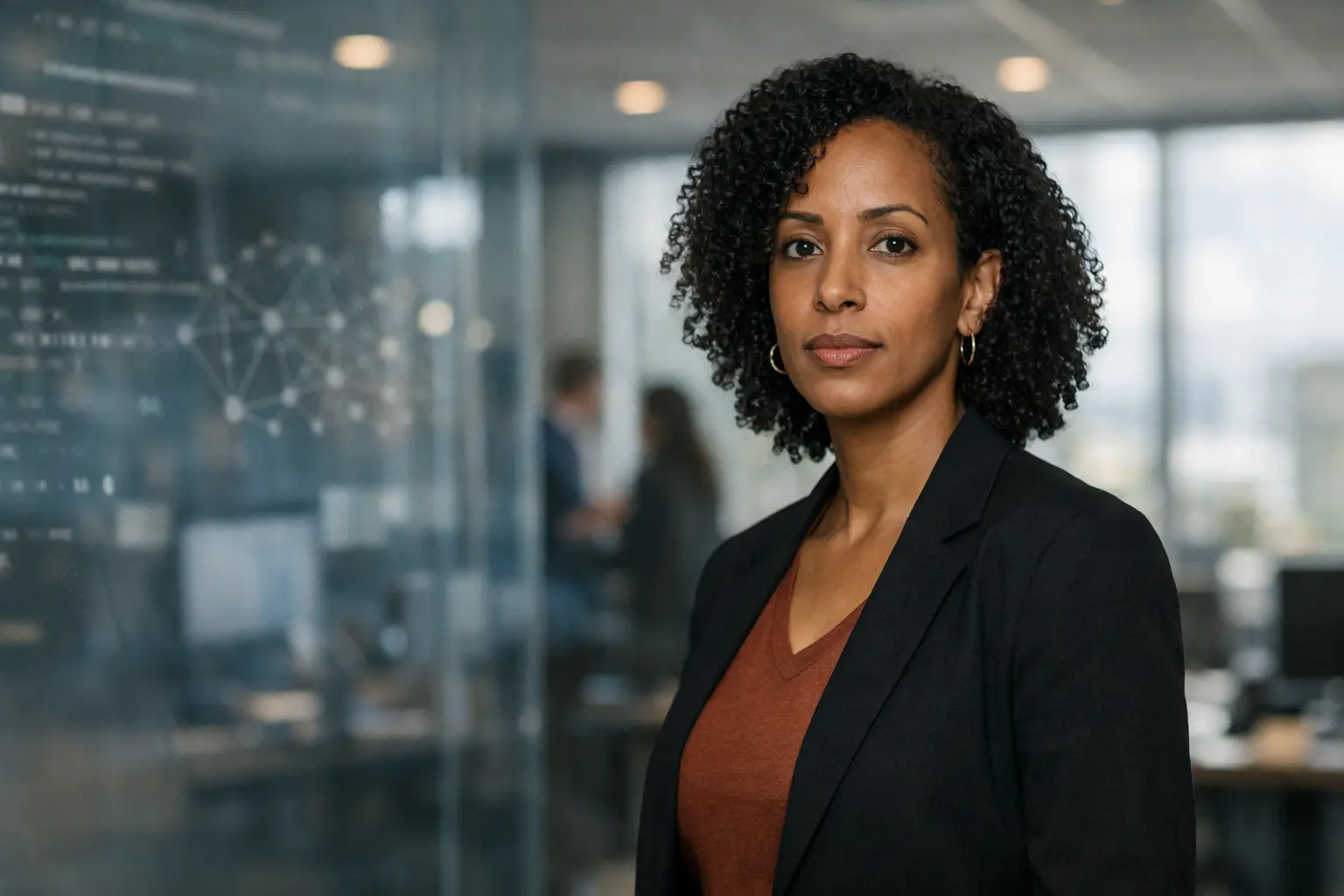 Timnit Gebru Google AI ethics representation showing a confident AI researcher standing in a modern tech office with data visuals in the background.