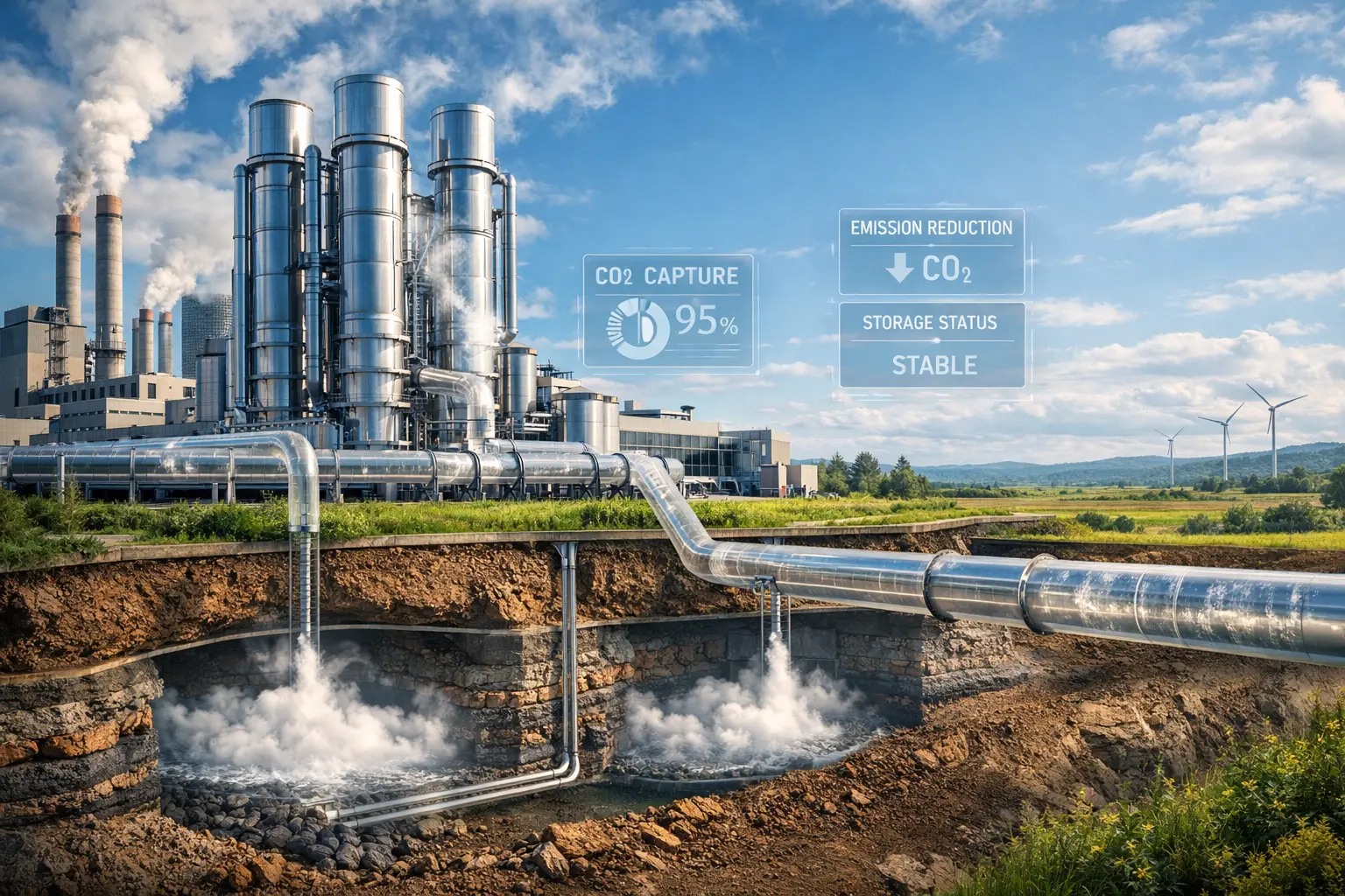 Carbon capture technology facility showing CO₂ capture towers, pipelines, and underground carbon storage beneath an industrial power plant.
